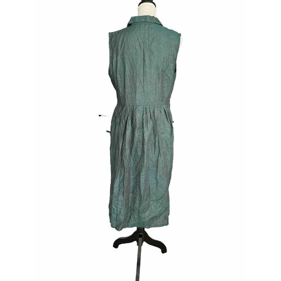 Linen Blend Green Loose Fit  Sleeveless Button Front Pleated Dress No Size Tag - Picture 3 of 11